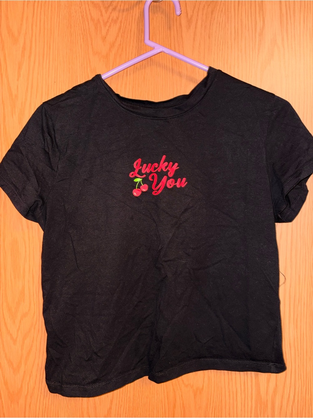 Black 'Lucky You' Crop Tee with Cherry Graphic